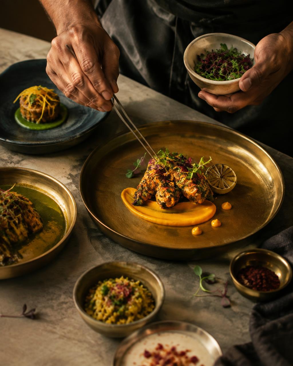 Chef plating food on a brass plate
