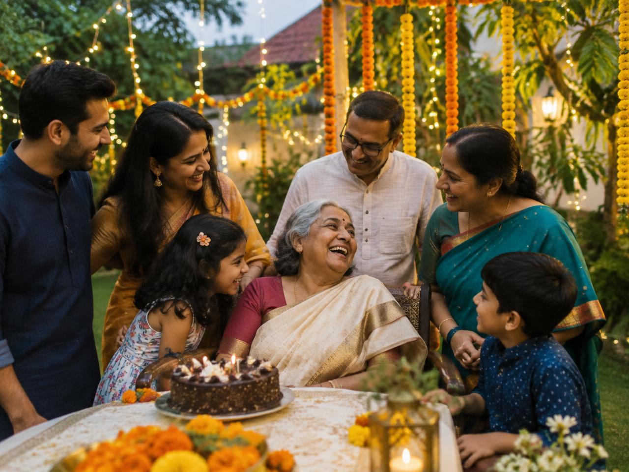 Family gathered around a grandmother's birthday cake in a garden