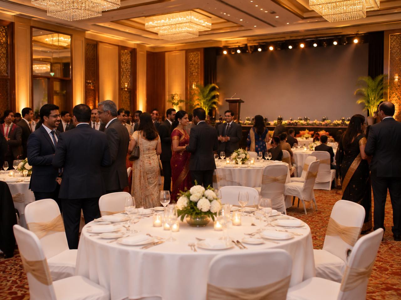 Guests mingling at a corporate dinner in a hotel ballroom